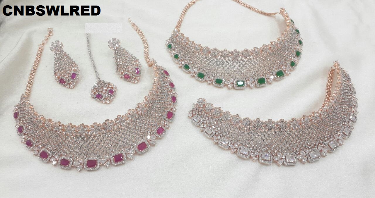 Ethnic Indian American Diamante Jewelry Golden Wedding Necklace Earrings Set az 