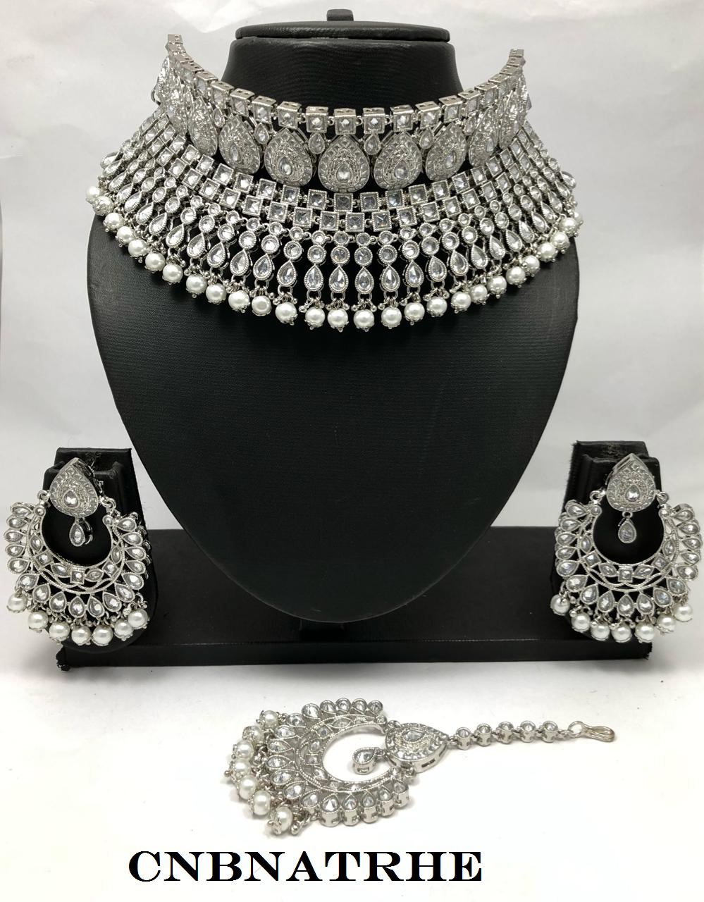Indian Jewellry Bridal Jewelry Beautiful Flexible American Diamond CZ Choker Necklace set with Earrings and Tikka Pakistani Jewellery